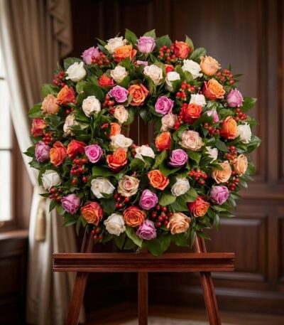 Corona fúnebre Atalia con rosas blancas, naranjas y moradas, bayas rojas, sobre caballete de madera en sala de velación premi