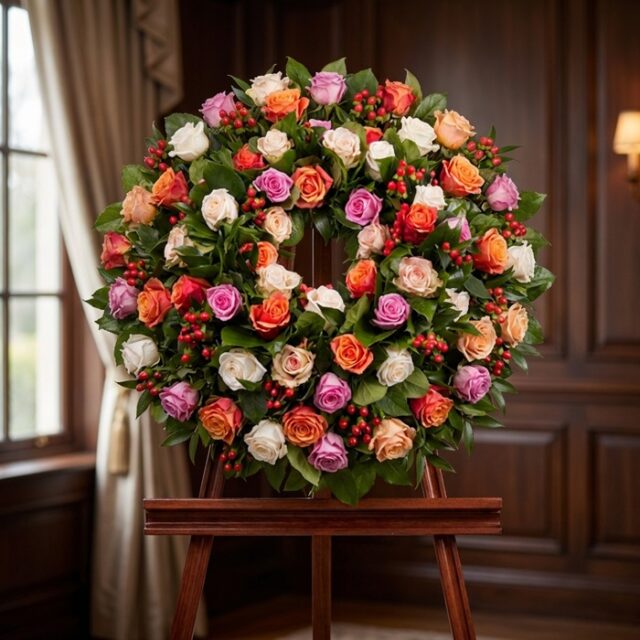 Corona fúnebre Atalia con rosas blancas, naranjas y moradas, bayas rojas, sobre caballete de madera en sala de velación premi