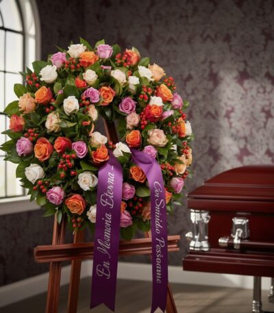 Corona fúnebre Atalia con rosas blancas, naranjas y rosadas, con cinta morada 'En Memoria Eterna' junto a un ataúd en sala de