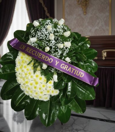 Corona fúnebre 'Descansa en Paz' con rosas blancas y margaritas, cinta morada 'En Recuerdo y Gratitud', en sala de velación p