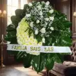 Corona fúnebre Descansa en Paz con rosas blancas y crisantemos amarillos, cinta personalizada, en sala de velación premium co