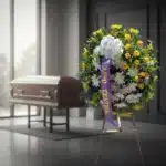 Corona fúnebre 'Estamos Contigo' con flores amarillas y blancas, cinta morada, en sala de velación moderna con ataúd desenfoc
