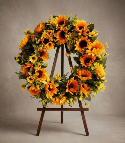Corona fúnebre de girasoles vibrantes y follaje verde, presentada en un elegante caballete de madera oscura sobre un fondo ne