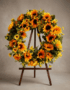 Corona fúnebre de girasoles vibrantes y follaje verde, presentada en un elegante caballete de madera oscura sobre un fondo ne