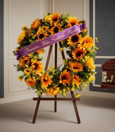 Corona fúnebre de girasoles vibrantes con cinta morada que dice 'Nuestro Más Sentido Pésame', exhibida en una sala de velació