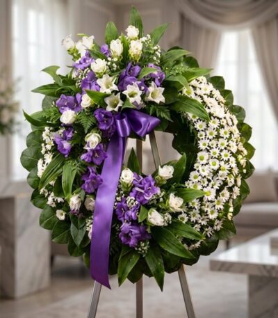 Corona fúnebre 'Homenaje a Daniel' con flores blancas y moradas, cinta de raso morada, sobre un caballete en una sala de vela