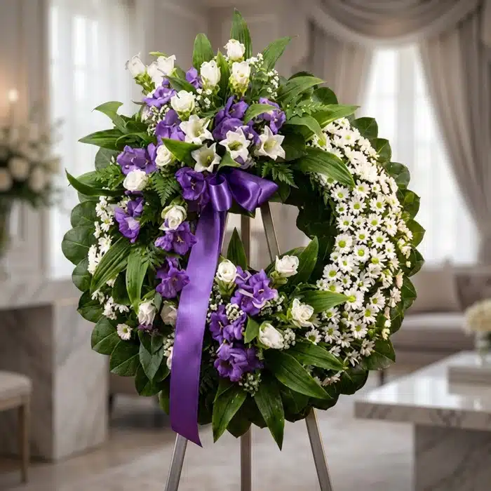 Corona Fúnebre ‘Homenaje a Daniel’: Elegancia Floral para Despedidas Respetuosas Corona fúnebre 'Homenaje a Daniel' con flores blancas y moradas, cinta de raso morada, sobre un caballete en una sala de vela
