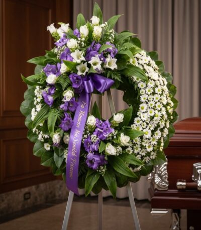 Corona fúnebre 'Homenaje a Daniel' con flores blancas y moradas, cinta morada con mensaje, en sala de velación elegante junto