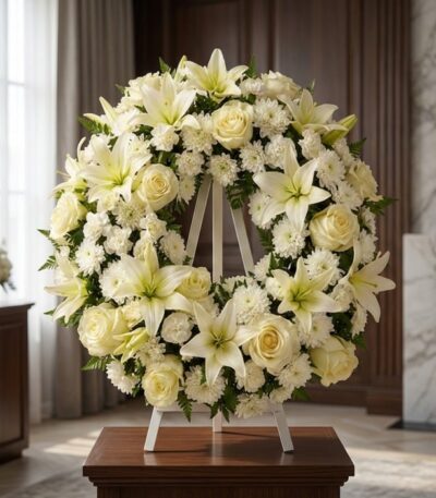 Corona fúnebre Homenaje Gadriel con lirios, rosas y crisantemos blancos, sobre un caballete en una sala de velación premium c