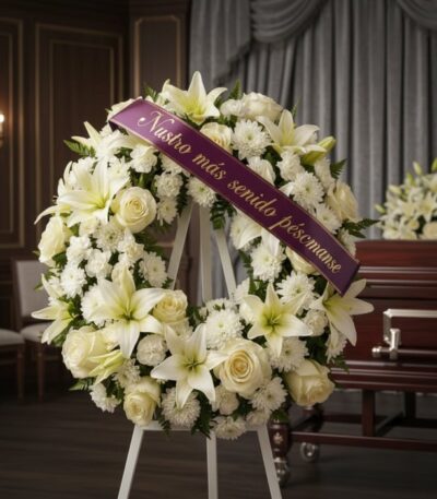 Corona fúnebre Homenaje Gadriel con flores blancas, lirios y rosas, sobre un caballete blanco. Cinta morada con el mensaje 'N
