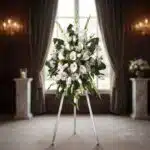 Impresionante corona fúnebre 'Homenaje Guadalupe' con lirios blancos, calas y margaritas, sobre un trípode en una sala de vel