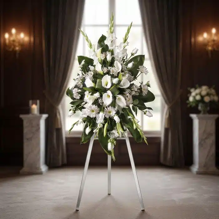 Corona Fúnebre ‘Homenaje Guadalupe’: Elegancia y Respeto en Cada Flor Impresionante corona fúnebre 'Homenaje Guadalupe' con lirios blancos, calas y margaritas, sobre un trípode en una sala de vel