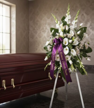 Corona fúnebre Homenaje Guadalupe con flores blancas, calas y gladiolos, sobre un trípode, con cinta morada de condolencia, j