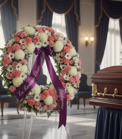 Corona fúnebre Homenaje a Jesús con flores blancas y rosas, cinta morada con mensaje 'En Recuerdo Eterno', junto a un ataúd e