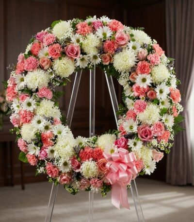 Corona fúnebre Homenaje a Jesús con rosas rosadas, claveles y crisantemos blancos, sobre un caballete en una sala de velación