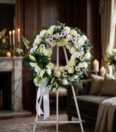 Corona fúnebre Homenaje Sincero con rosas blancas, lirios y margaritas, sobre un caballete en una sala de velación premium co