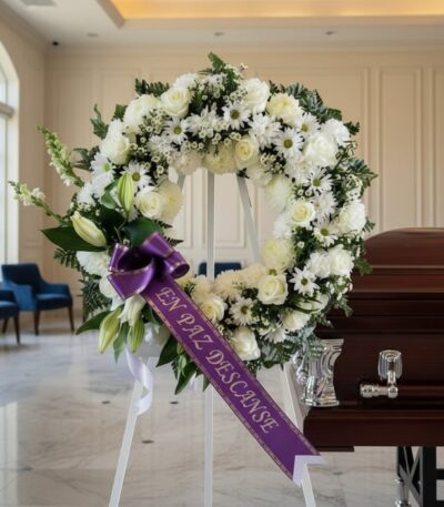 Corona fúnebre 'Homenaje Sincero' con flores blancas y cinta morada 'En Paz Descanse' junto a un ataúd en sala de velación pr