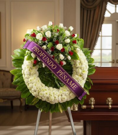 Corona fúnebre 'Legado de Hildegarda' con rosas blancas y rojas, y crisantemos blancos, sobre un caballete junto a un ataúd e