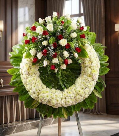 Corona fúnebre "Legado de Hildegarda" con rosas blancas y rojas, crisantemos blancos y follaje verde, en sala de velación pre