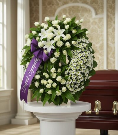 Corona fúnebre Legado Jacob con rosas blancas, lirios y margaritas, cinta morada con 'Deepest Sympathy', junto a un ataúd en