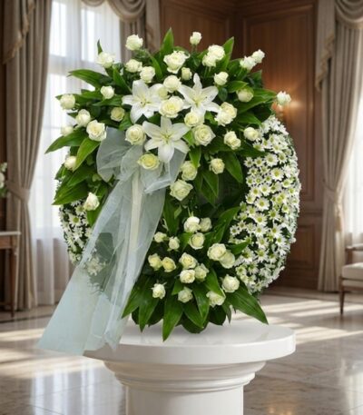 Corona fúnebre Legado Jacob con rosas blancas, lirios y margaritas, lazo de tul, en sala de velación premium con luz natural