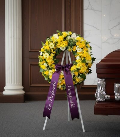 Corona fúnebre de flores amarillas y blancas con cinta morada "En Profunda Simpatía" junto a un ataúd en sala de velación ele