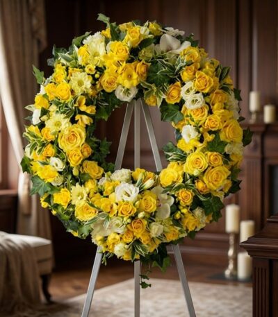 Corona fúnebre Legado de Paz para Benjamin, con rosas amarillas, flores blancas y follaje verde, exhibida en una sala de vela
