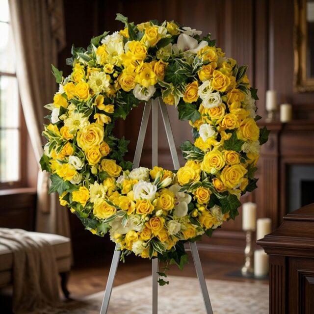Corona fúnebre Legado de Paz para Benjamin, con rosas amarillas, flores blancas y follaje verde, exhibida en una sala de vela
