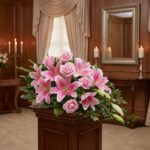 Corona fúnebre Lino con rosas rosadas y lirios, exhibida elegantemente en una sala de velación con iluminación cálida y fondo