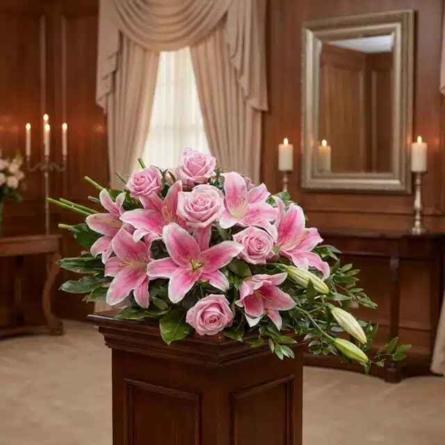 Corona fúnebre Lino con rosas rosadas y lirios, exhibida elegantemente en una sala de velación con iluminación cálida y fondo