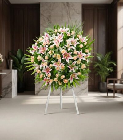 Corona fúnebre Luz Eterna con nombre Ethan, arreglo floral premium de lirios y rosas en tonos pastel, sobre un caballete blan