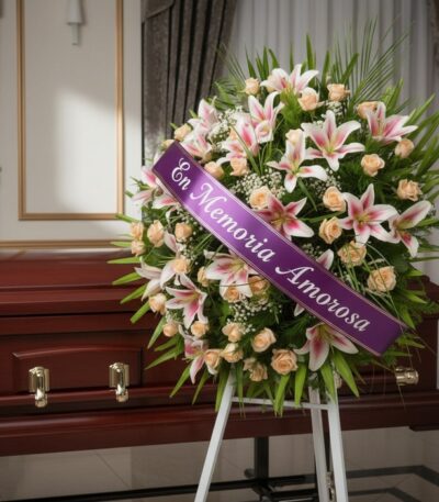 Corona fúnebre Luz Eterna con lirios blancos y rosas melocotón, cinta morada 'En Memoria Amorosa', junto a un ataúd de madera