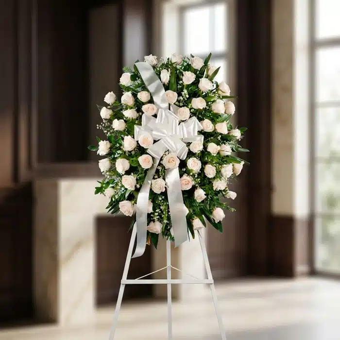 Corona Fúnebre Serenidad: Elegancia y Respeto con Rosas Blancas Corona fúnebre Serenidad con rosas blancas y follaje verde, lazo blanco, sobre un trípode en una sala de velación premium con