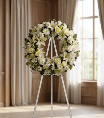 Corona fúnebre "Solemne Homenaje Joshua" con lirios blancos, rosas y crisantemos, sobre un caballete en una sala de velación