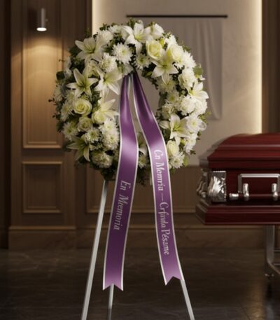 Corona fúnebre de flores blancas y verdes con cinta morada, "En Memoria" y "Profundo Pésame", junto a un ataúd en sala de vel