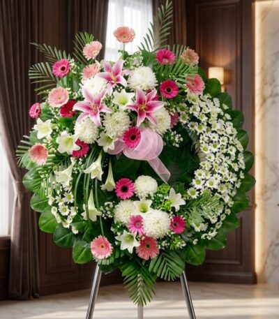 Corona fúnebre solemne "Homenaje a Mathias" con lirios blancos, gerberas rosas y crisantemos blancos, en una sala de velación