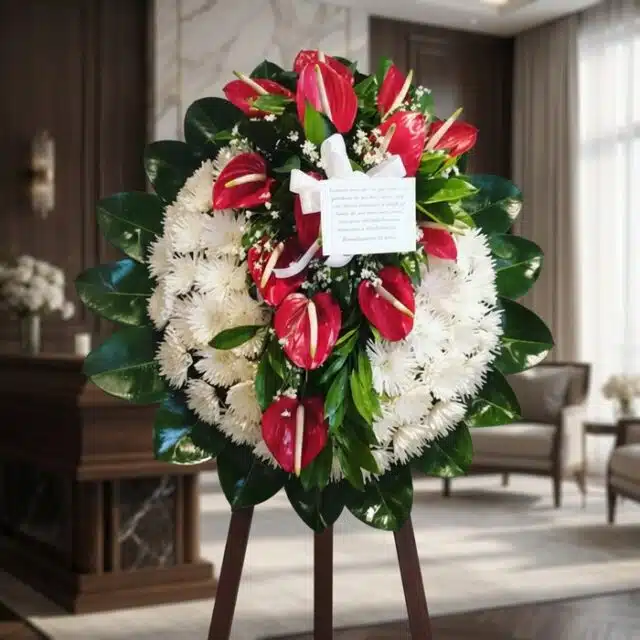 Corona fúnebre Trinidad con flores blancas y anturios rojos, en una sala de velación premium con luz natural suave.