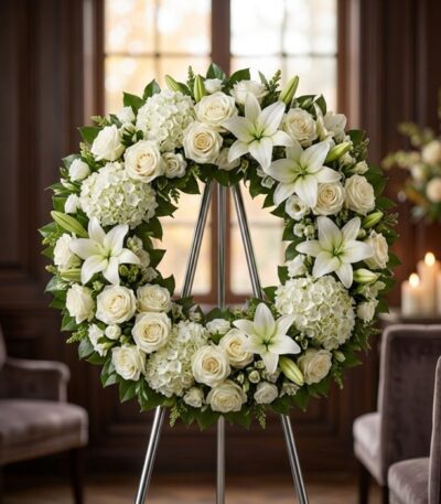 Impresionante corona funeraria 'Refugio de Paz' con lirios y rosas blancas, presentada en una elegante sala de velación con l