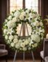 Impresionante corona funeraria 'Refugio de Paz' con lirios y rosas blancas, presentada en una elegante sala de velación con l