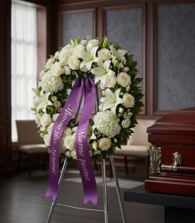 Impresionante corona funeraria de rosas blancas y lirios, con cinta morada de condolencias, en una sala de velación premium j