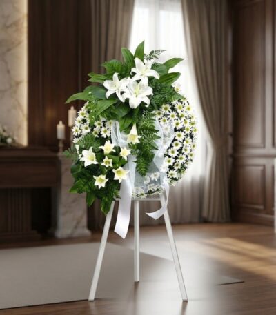 Corona de homenaje "El Vuelo de Uriel" con lirios blancos, margaritas y follaje verde, sobre un trípode blanco en una sala de