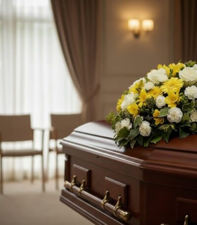 Cubre caja fúnebre Baltasar con flores blancas y amarillas sobre ataúd de madera en sala de velación moderna, transmitiendo s