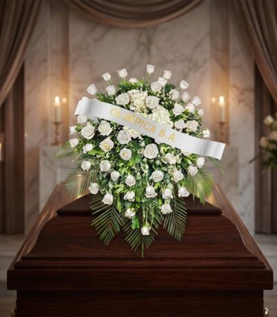 Cubre caja fúnebre Bernardita con rosas blancas y follaje verde sobre un ataúd de madera oscura, en un entorno elegante y sol