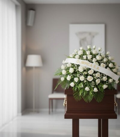 Cubre caja fúnebre Bernardita con rosas blancas y follaje verde, banda con texto 'OLIMPICA S.A.', en una sala de velación mod