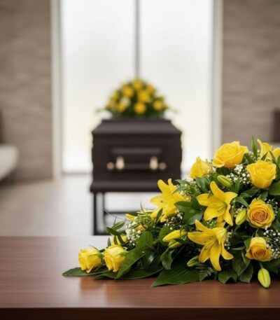 Cubre caja fúnebre con rosas y lirios amarillos en primer plano, sobre una mesa de madera. Al fondo, un ataúd sobrio y desenf
