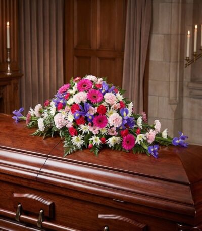 Cubre caja fúnebre "El Legado de Francisco" con flores variadas en tonos rosas, morados y blancos, sobre un ataúd de madera o