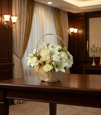 Cubre Caja Fúnebre Elizabeth, un hermoso arreglo floral en tonos blancos con lirios y rosas, presentado en una cesta de mimbr
