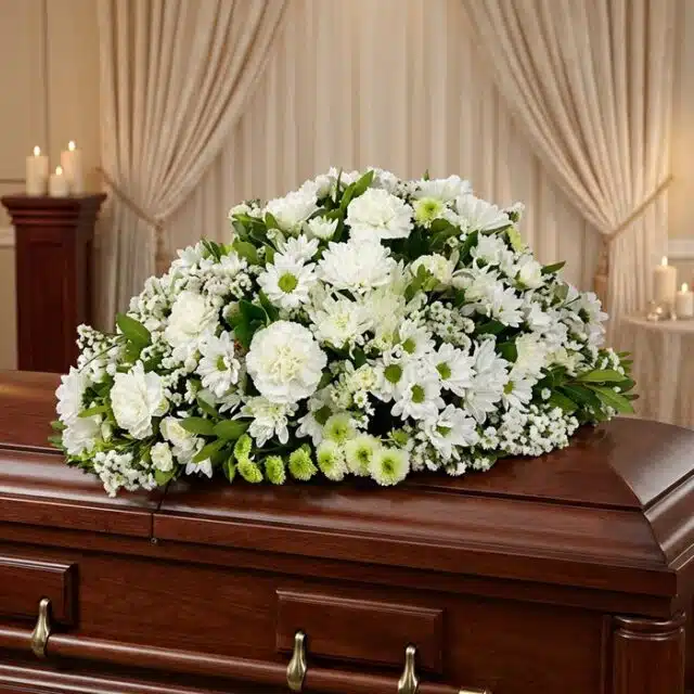 Cubre caja fúnebre Epifania con flores blancas sobre un ataúd de madera oscura, en un entorno elegante y sereno con iluminaci