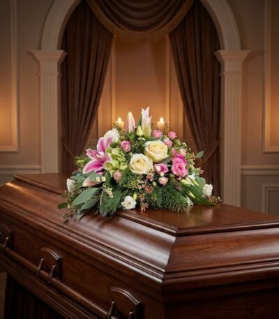 Cubre caja fúnebre 'Genoveva' con lirios blancos, rosas pálidas y follaje verde, elegantemente dispuesto sobre un ataúd de ma