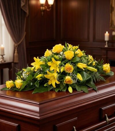 Elegante cubre caja fúnebre con rosas amarillas y lirios, sobre un ataúd de madera oscura en un ambiente solemne y bien ilumi
